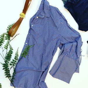 Loft Striped Bell Sleeve Button Up Blue Size Small